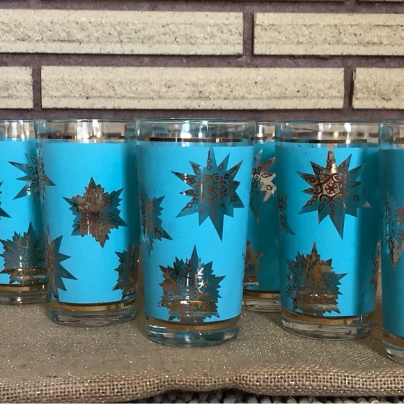 60's Aqua/Gold Starburst Glasses - 8 - Tumblers - Highballs - Barware -Glassware - Picture 2 of 14